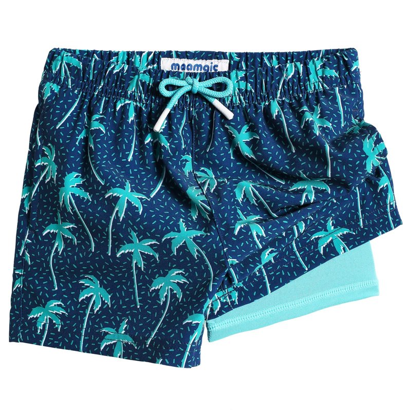 maamgic Boys Swim Trunks with Compression Liner Toddler Stretch Swim Shorts Quick Dry Swimming Trunks Boxer Brief 2 in 1 Beach Shorts Navy Blue Coconut 5/6