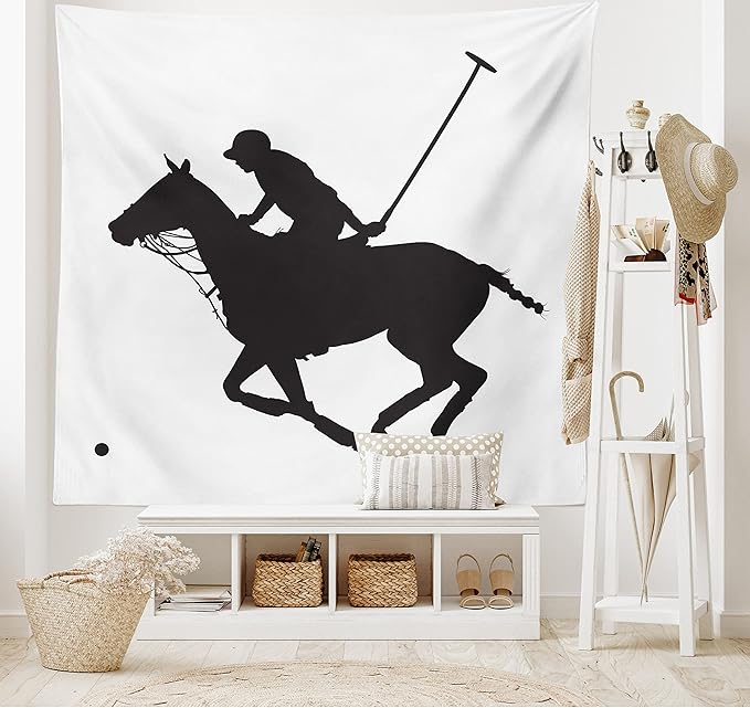 Ambesonne Sports Tapestry King Size, Silhouette Illustration of Polo Player on a Horse Hitting a Ball Print, Wall Hanging Bedspread Bed Cover Wall Decor, King Size, Charcoal Grey