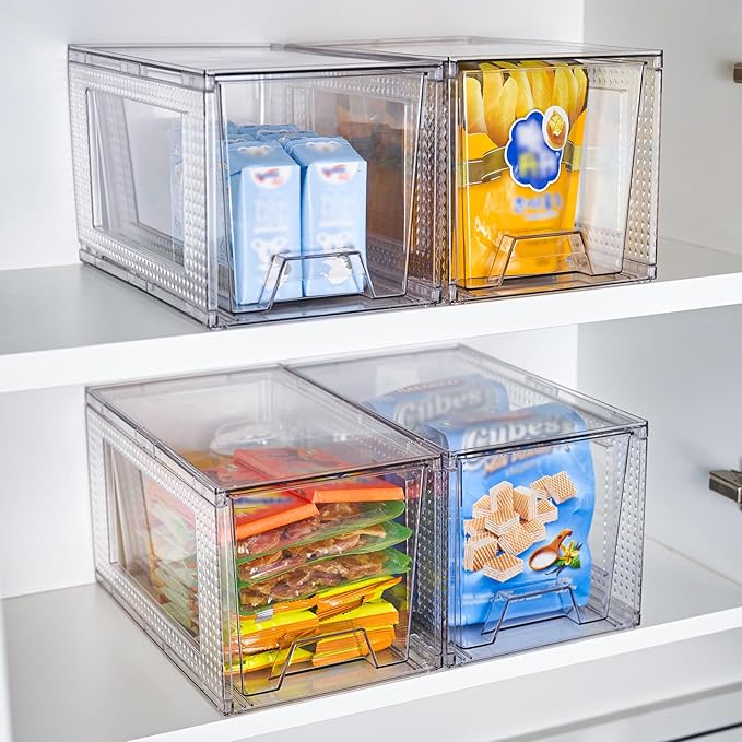 JollyPack 4 Pack Clear Stackable Storage Drawers, Easy to Assemble Multi-Use Bathroom Organizers and Storage, Suitable for Vanity, Bathroom, Makeup, Under Sink, Office, Kitchen and Pantry