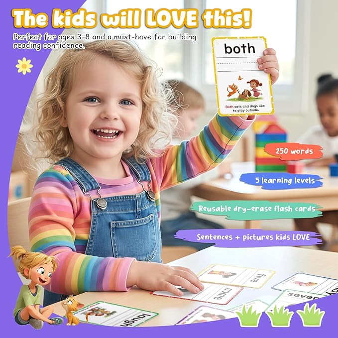 Sight Words Flash Cards Kindergarten, Flash Cards for Kids Ages 4-8, 250 Dolch Sight Word Writing Reading Spelling Games for Kindergarten Reading Books and Homeschool