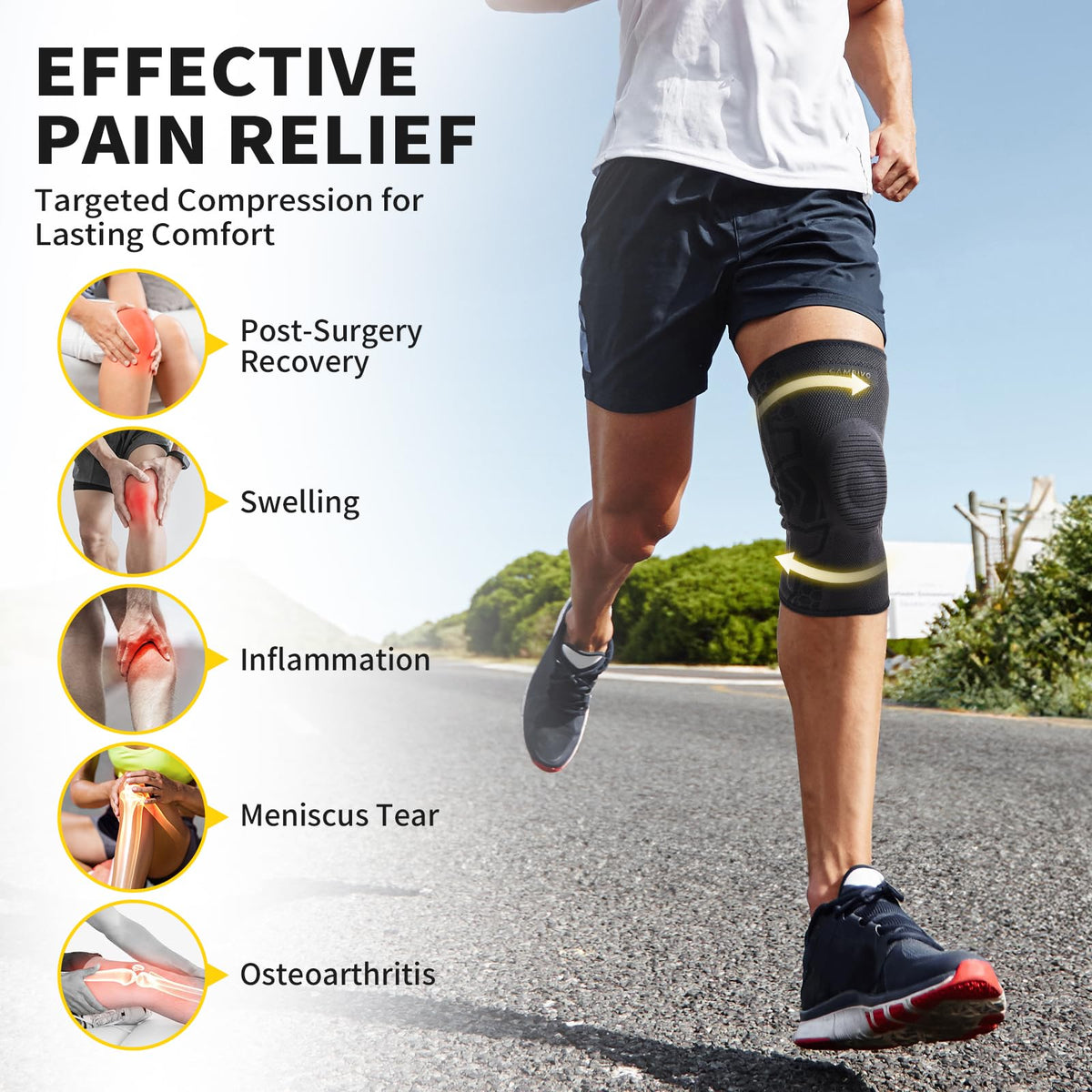 CAMBIVO Knee Brace for Knee Pain, Medical Grade Knee Compression Sleeve with Side Stabilizers & Patella Gel Pad for Meniscus Tear, Arthritis, ACL, Running,Workout, Daily Use(Black, Large)