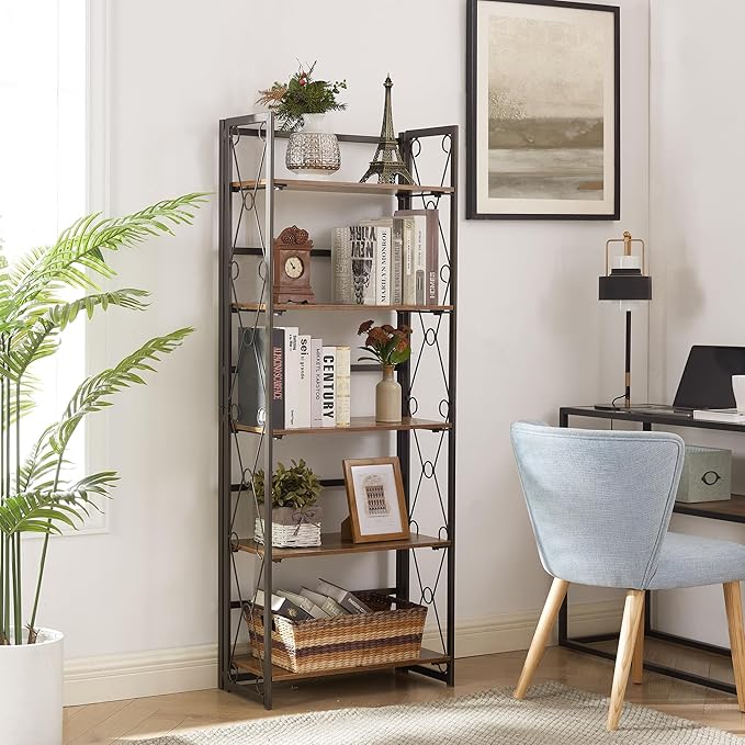 VECELO Folding Bookshelf 5-Tier,Industrial Metal Frame & Wood Shelves,Foldable Bookcase Easy Assembly Free Standing Tall Storage Organizer for Living Room,Office,Bedroom
