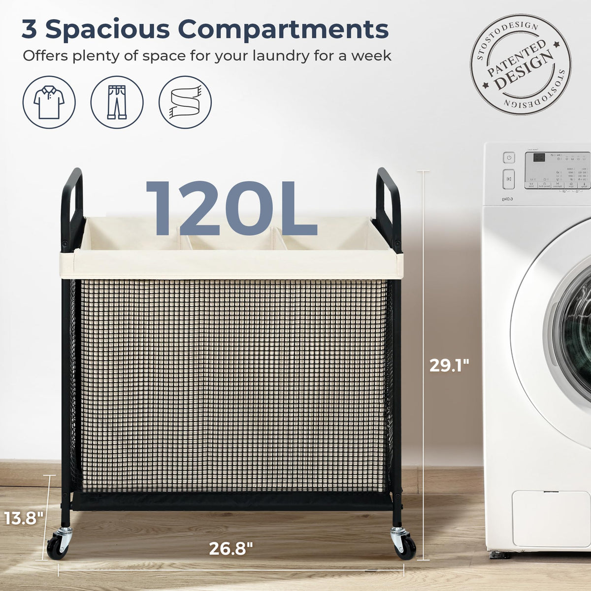 STO STO Laundry Hamper 3 Section, 120L Rolling Laundry Sorter Cart with Removable and Washable Liner Bag, Clothes Hamper with Wheels and Metal Handle for Laundry Room and Bedroom