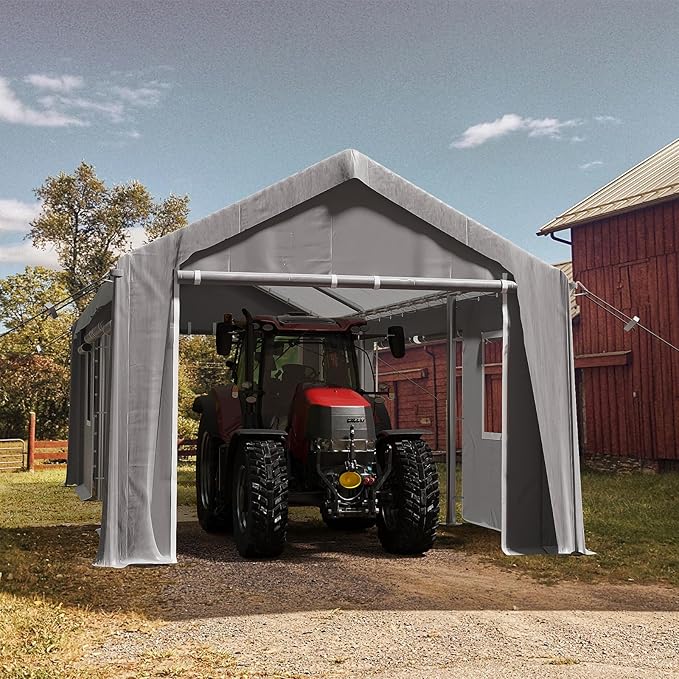 10x20ft Heavy Duty Carport Outdoor Canopy Portable Garage with 4 Doors & 4 Windows Waterproof UV Resistant Storage Shelter with Removable Sidewalls for Car Truck Boat, Gray