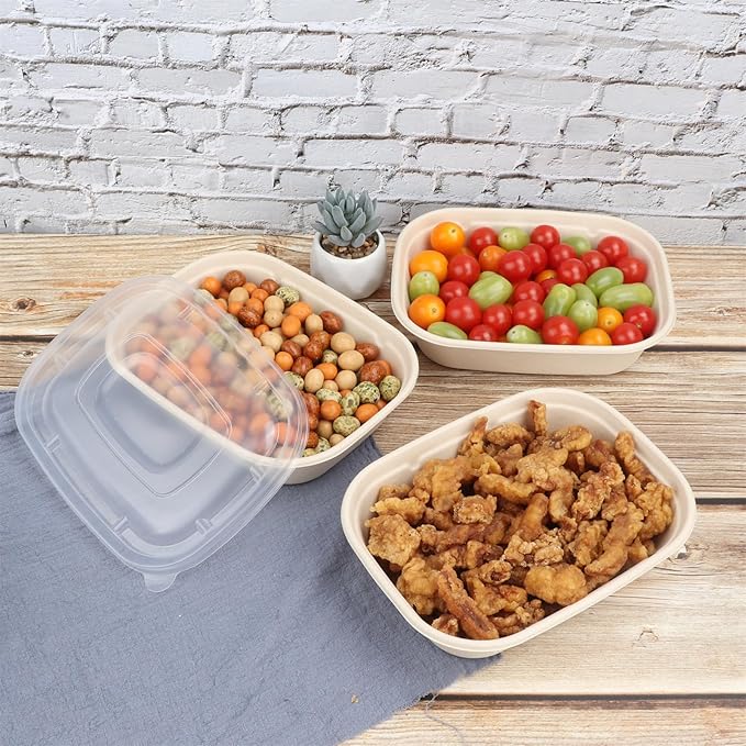 35oz Disposable salad bowls with lids, Sugarcane Fiber Paper Bowls take away food containers meal prep deli container 50 Pack