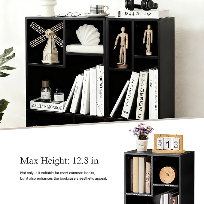 VECELO 42 Inch High Bookcase, 4-Tier Modern Storage Cabinet with Height Difference Shelves for Standard Textbooks, Floor Standing Display, 7 Cubes, Horizontal Avaiable, Easy Assembly, Black