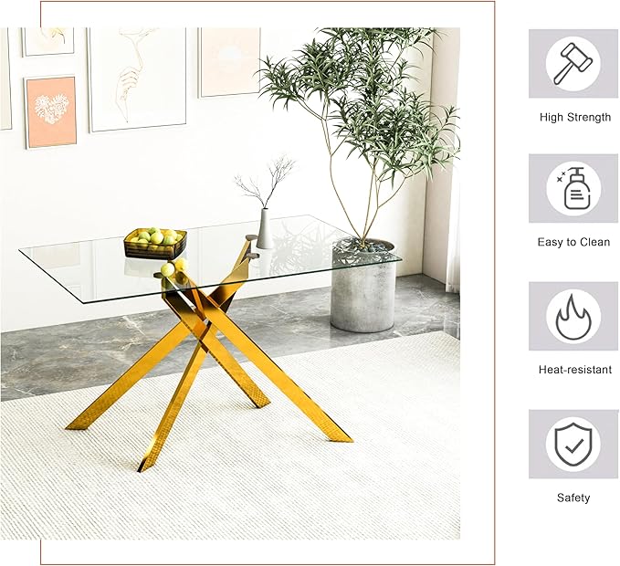 51.2" Glass Dining Table, Modern Kitchen Table for 4-6 People, Contemporary Rectangular Dining Room Dinner Tables with Clear Glass Top & Gold Metal X Legs for Kitchen Apartment
