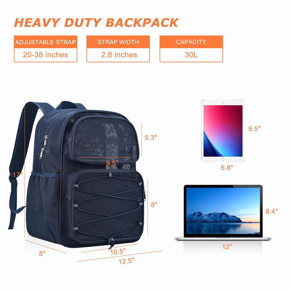 Bagenius Mesh Backpack Heavy Duty See Through Mesh Bag with Paded Strap Large Capacity for Sports Hiking Travel Outdoor Beach, Blue-30L