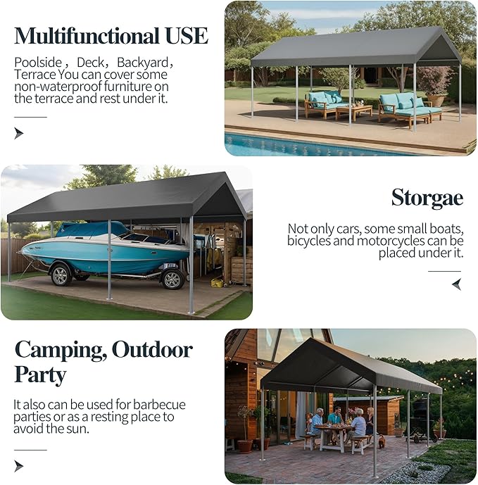 Shintenchi 10x20ft Heavy Duty Carport with UV Resistant Canopy, Powder-Coated Steel Frame, Easy to Assemble Portable Garage, Stable Carport for Car, Bike, Camp, Outdoor Storage (Grey)