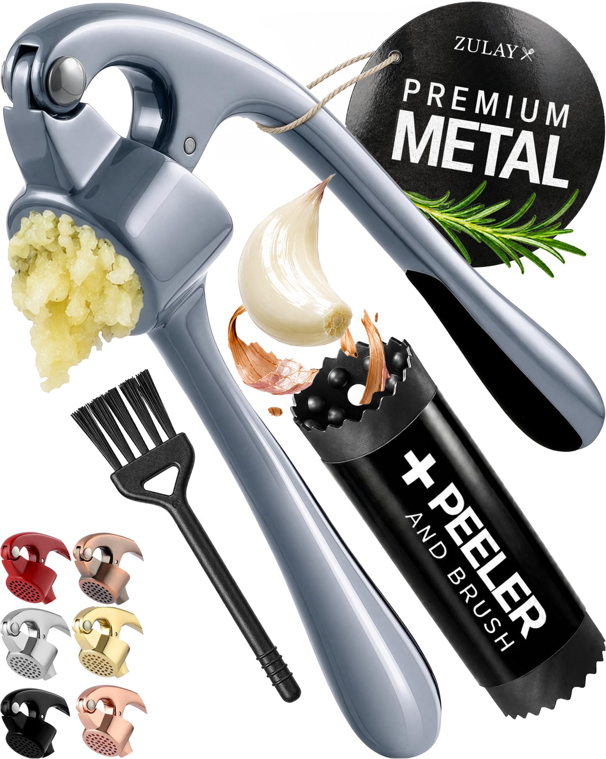 Zulay Kitchen Premium Garlic Press Set - Rust Proof Professional Garlic Mincer Tool - Easy-Squeeze, Easy-Clean with Soft Handle - Silicone Garlic Peeler & Brush (Rose Gold)