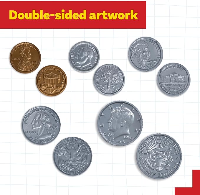 LEARNING ADVANTAGE Play Coin Set - 30 Pennies, 20 Nickels, 20 Dimes, 20 Quarters and 4 Half-Dollars - Realistic Coins for Pretend Play