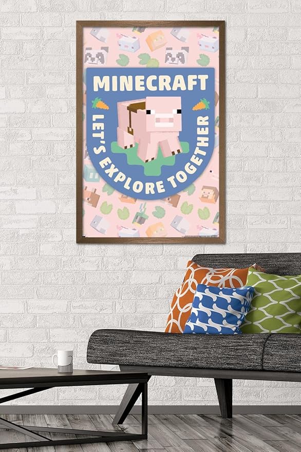 Trends International Minecraft - Let's Explore Together Wall Poster, 34L x 22.4W, Bronze Framed Version
