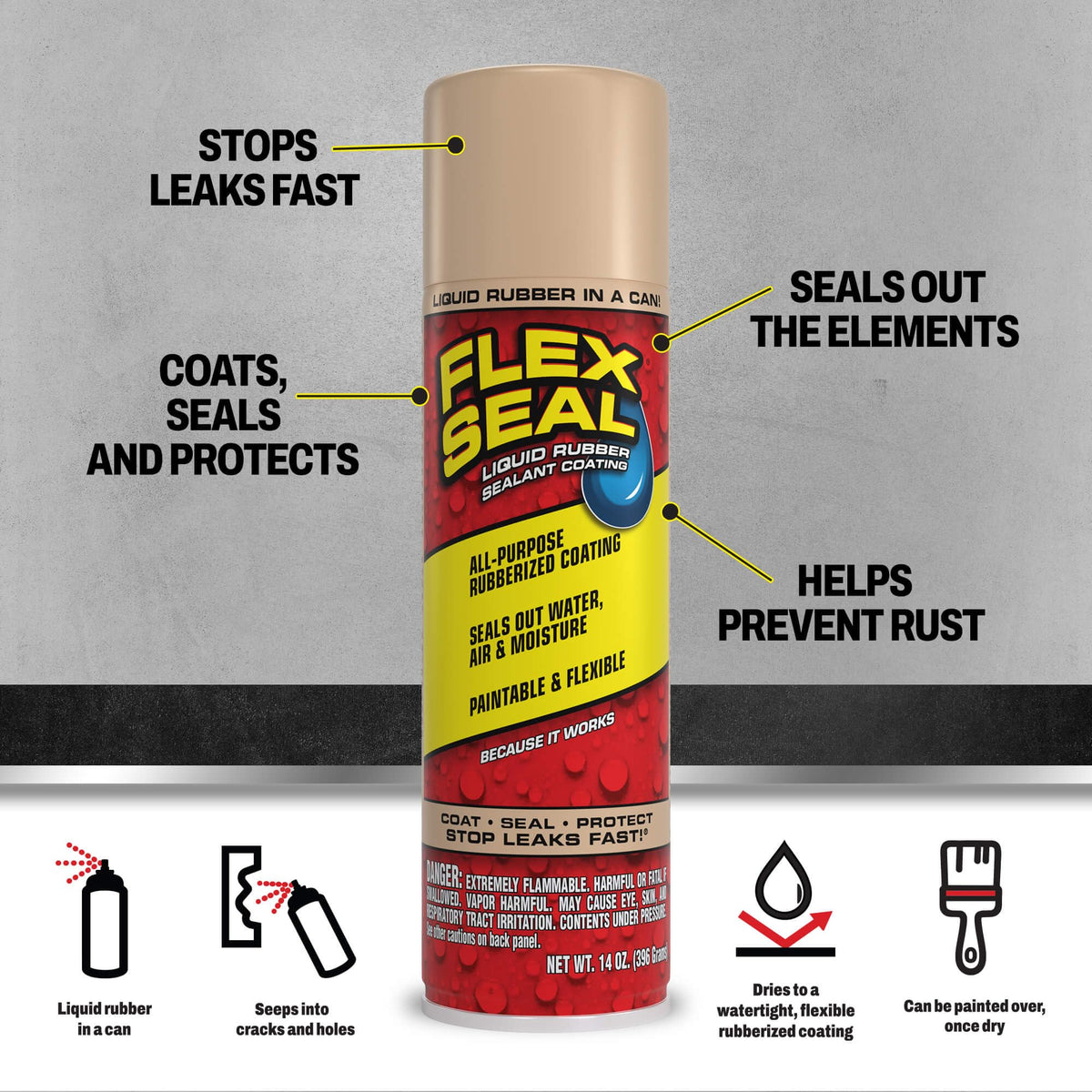 Flex Seal, 14 oz, Almond, Stop Leaks Instantly, Waterproof Rubber Spray On Sealant Coating, Perfect for Gutters, Wood, RV, Campers, Roof Repair, Skylights, Windows, and More