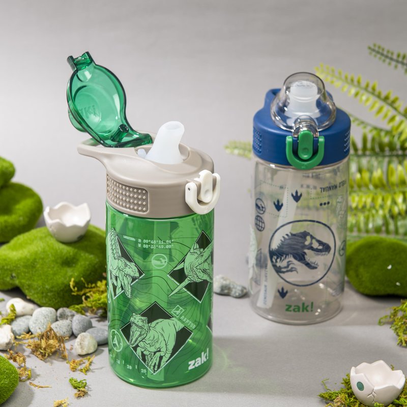 Zak Designs Jurassic World Dominion Movie Sage Kids Water Bottle For School or Travel, 16oz Durable Plastic Water Bottle With Straw, Handle, and Leak-Proof, Pop-Up Spout Cover, 2-Pack Set