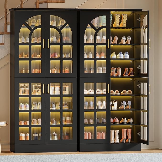 Tribesigns 69" Tall Shoe Cabinet with Doors and Led Light, 8-Tier Wooden Shoe Rack Organizer with Adjustable Shelves, Narrow Shoe Storage Cabinet for Entryway, Hallway, Living Room, Black (Set of 2)