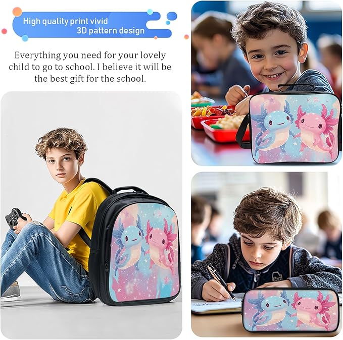 Cute Axolotl Backpack Set 3 Piece School Bags and Lunch Box with Pencil Case Pink Blue Axolotl Bookbag Set for Toddler Kids Girls Boys Teens Kindergarten Elementary Middle