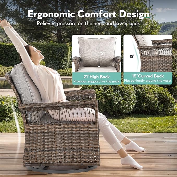 5 Pieces Wicker Patio Furniture Set - Hollow Widen Armrest Outdoor Swivel Glider Chairs with Side Table & Ottomans, Small Patio Conversation Set for Balcony Porch Deck and Yard - Brown/Beige