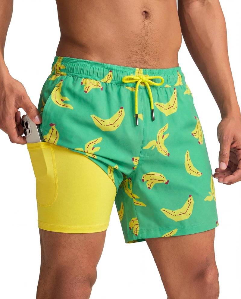 maamgic Mens Swim Trunks with Compression Liner 5 Inch, Quick Dry Bathing Suit with Zipper Pockets, Stretch No-Chafing Swim Shorts, Banana Medium