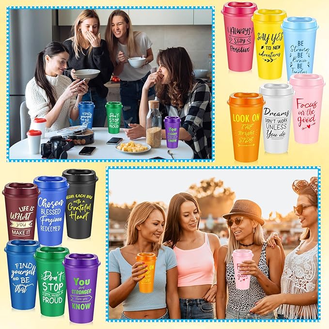 48 Pcs Inspirational Gifts for Employee Coworkers Staff Teammate, 16oz Reusable Plastic Coffee Cups with Positive Sayings, Bundle Gifts for Woman Man Coworker (Bright Color,Inspirational)