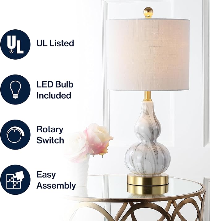 JONATHAN Y 20.5" Black/White Glass Table Lamp, Modern Gourd Bedside Nightstand Lamp for Bedroom, Living Room, White Linen Shade, LED Bulb Included (JYL1028D)