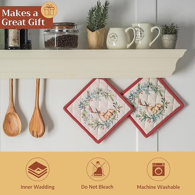 Maison d' Hermine Pot Holders 100% Cotton Heat Resistant Potholders 8" x 8" Hot Pads with Loop for Thanksgiving Christmas Decorations BBQ Cooking Baking Handling Hot Pans (Pack of 1, Holly Time)