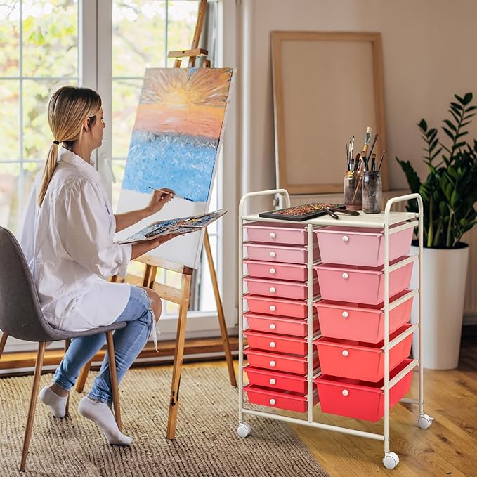 COSTWAY 15 Drawer Rolling Storage Cart, Mobile Utility Cart with Lockable Wheels, Drawers, Multipurpose Organizer Cart for Home, Office, School, Gradient Pink