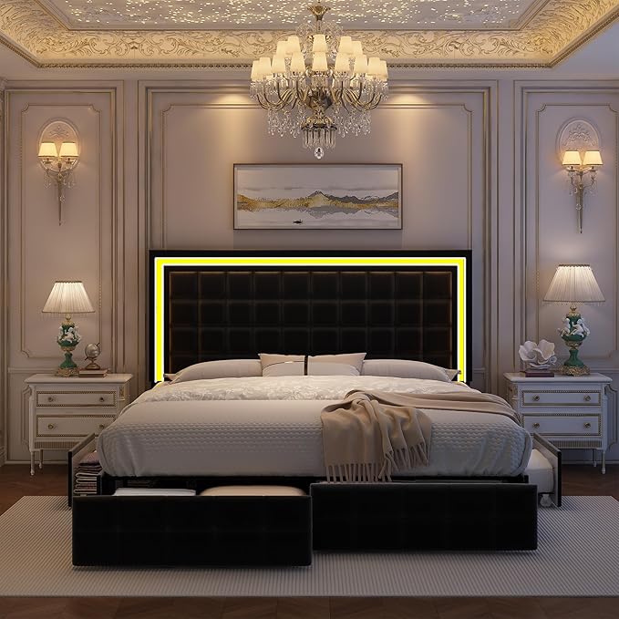 King Bed Frame with LED Lights & Storage Drawers, No Box Spring Needed, Heavy Duty 900lbs Weight Capacity, Easy Assembly, Modern Upholstered Platform Bed, Velvet Black