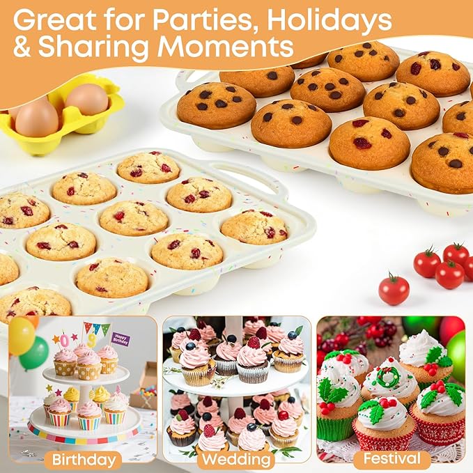 Spmarkt 2-Pack 12-Cup Silicone Cupcake Pan, Nonstick Flexible Muffin Pan, Dishwasher Safe Muffin Tray with Handles, Seamless Silicone Muffin Tin for Baking Egg Bites & Cupcakes