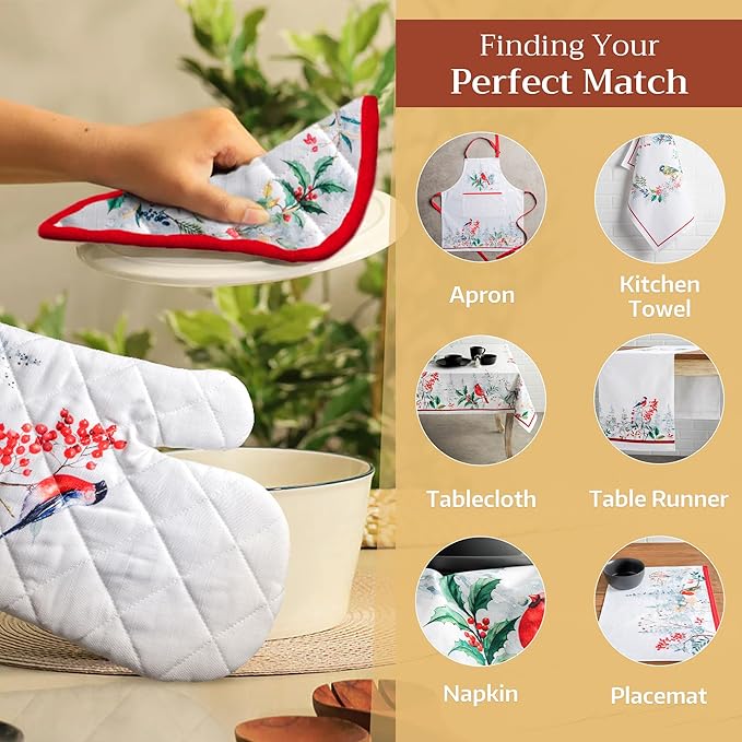 Maison d' Hermine 100% Cotton Oven Mitt & Pot Holder Set (7.5"x13" & 8"x8") Heat Resistant BBQ Cooking Gloves with Loop for Thanksgiving Christmas Decorations Handling Hot Pans (Morzine)
