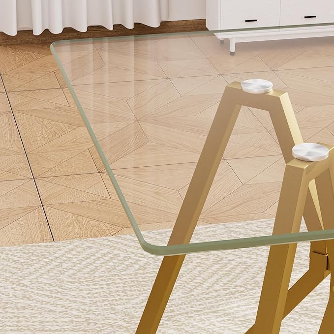 47.3" Glass Dining Table Modern Kitchen Table for 4 People Rectangular Dining Room Dinner Tables with Clear Glass Top & Gold Metal Legs for Kitchen Apartment
