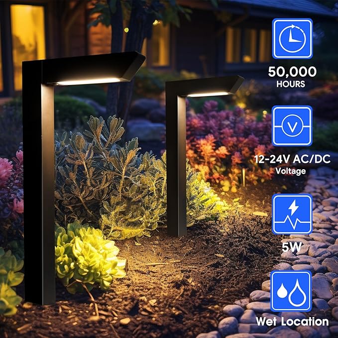 Energetic 5CCT Low Voltage Landscape Lights, 5W 200LM IP65 Waterproof LED Pathway Lights, 50000 Hrs, Outdoor Landscape Lighting, Square Modern Side Lit, Die-cast Aluminum Housing, ETL, Black, 6 Pack