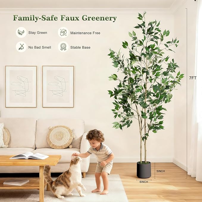 7FT Ficus Trees Artificial Indoor, Faux Silk Plant with Natural Wood Trunk and Lifelike Fruits, Black Imitation Ceramic Planter with Green Fake Moss for Modern Home Office Living Room Decor