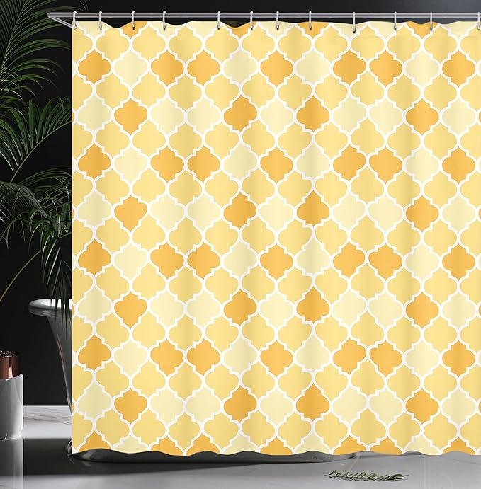 Ambesonne Quatrefoil Shower Curtain, Age-Old Trellis Pattern in The Shades of Yellow Historical Eastern, Cloth Fabric Bathroom Decor Set with Hooks, 69" W x 70" L, Marigold Mustard