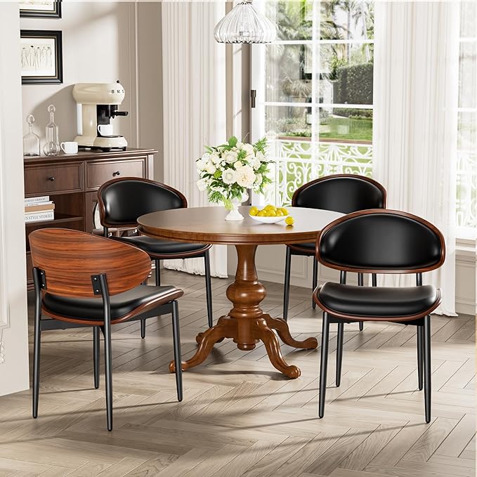 Dining Chairs Set of 6, Dining Room and Kitchen Chairs, Mid Century Modern Retro Chair, Upholstered PU Leather Chairs for Vanity with Walnut Bentwood and Metal Legs (Black)
