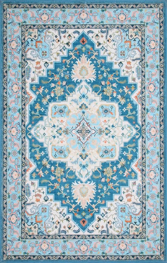 WILLSUN Washable Area Rugs, 6x9 Non-Slip Boho Large Area Rugs for Living Room, Bedroom, Machine Washable Vintage Rug, Indoor Floral Print Carpet for Home Decor, Kid & Pet Friendly Mat