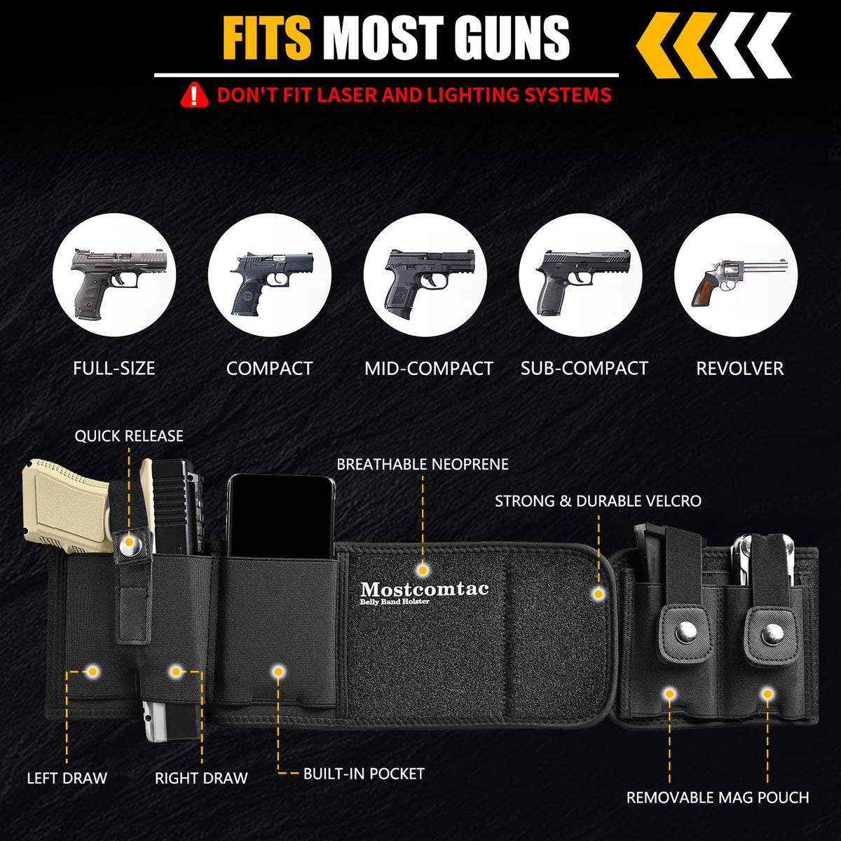 Mostcomtac Belly Band Holster for Men & Women - Breathable Neoprene Gun Holster, Multi - Pocket Tactical Belt for Outdoors, Fits G17-43x, Taurus G3C, G2C and Most 9mm and 381 Handguns（L-S）