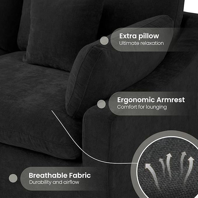 WJShome 160" Cloud Couch Sectional for Living Room, Down Filled Modular Sectional Sofa,4 Seater Convertible Couch, Sofa Covers Washable&Replaceable,Black