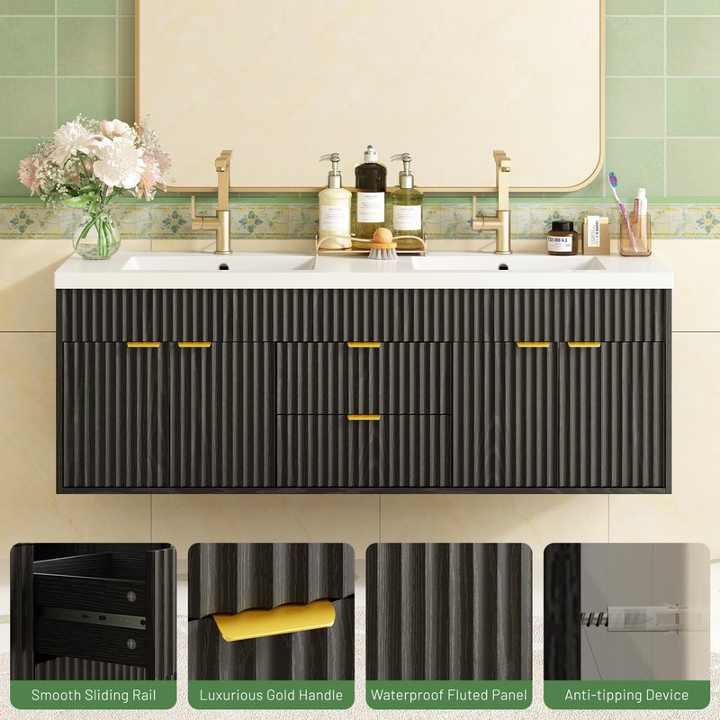 CARPETNAL 60 Inch Bathroom Vanity with Sink, Modern Fluted Large Double Sink Bathroom Vanity with Sink with 2 Storage Cabinets, Adjustable Shelf and 2 Drawers, Black