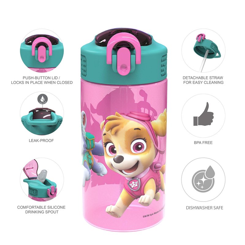 Zak Designs Kids Durable Plastic Spout Cover and Built-in Carrying Loop, Leak-Proof Water Design for Travel, (16oz, 2pc Set), Paw Patrol Skye Bottle 2pk