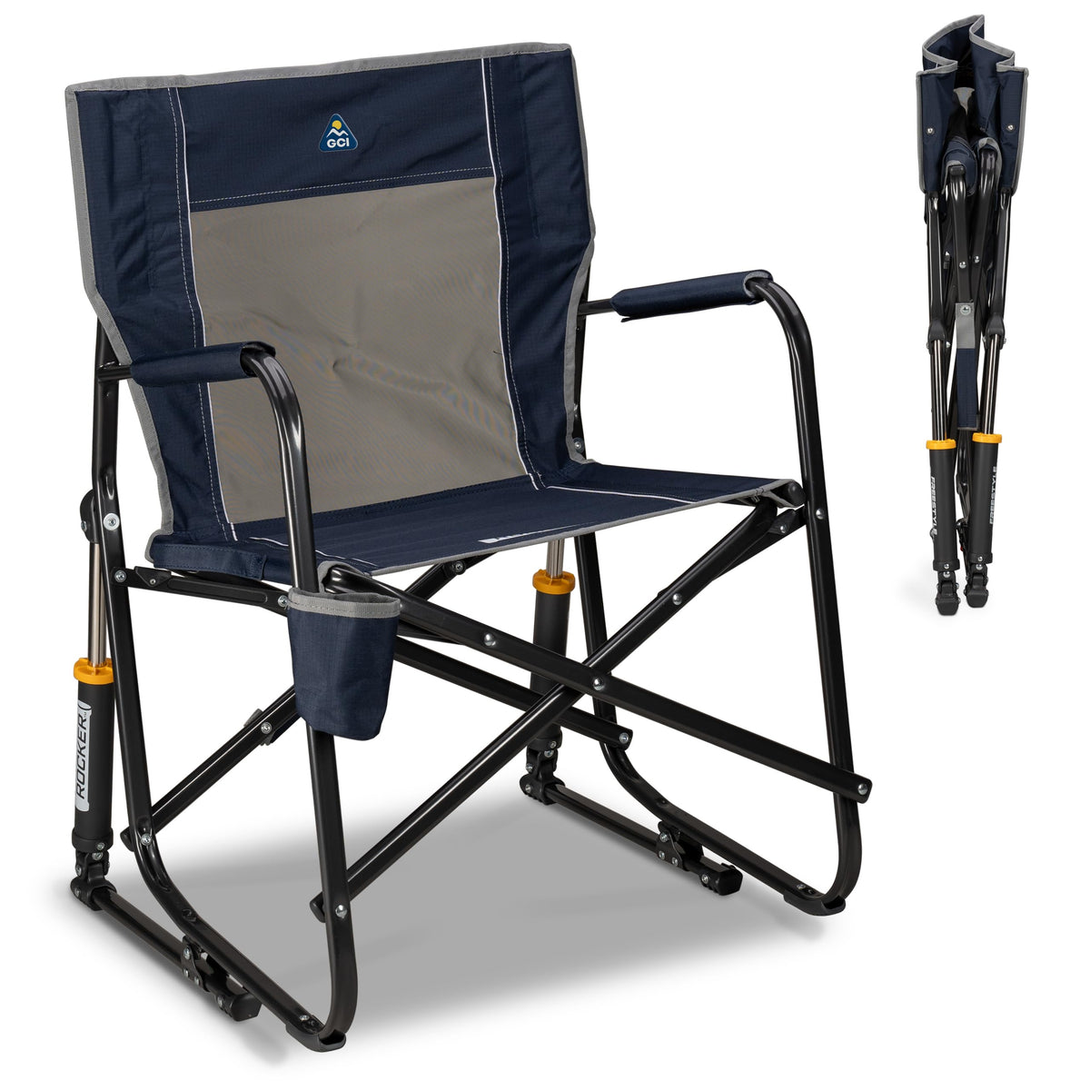 GCI OUTDOOR Freestyle Rocker Camping Chair | Portable Folding Rocking Chair with Solid, Durable Armrests, Drink Holder & Comfortable Backrest — Indigo Blue