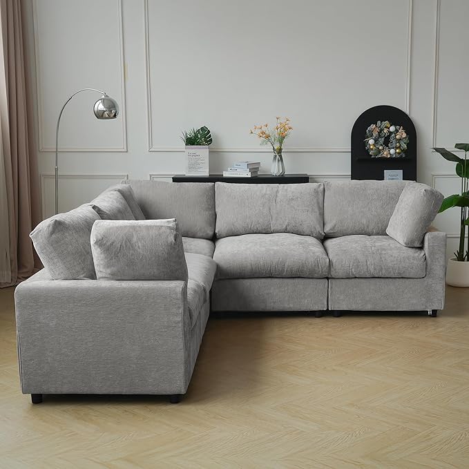 JACH V Shape Sectional Couches for Living Room, Deep Seat Convertible Modular Sofa, Cloud Sectional Couch, Sofa Covers Washable, Minimalist Couch for Living Room, Apartment, Light Grey