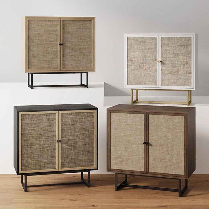 Nathan James Kova Bohemian Rattan Sideboard or TV Stand, Wooden Storage Cabinet with Doors, Walnut Sideboard Buffet or Rattan Accent Storage Cabinet with Matte Black Legs, Set of 3