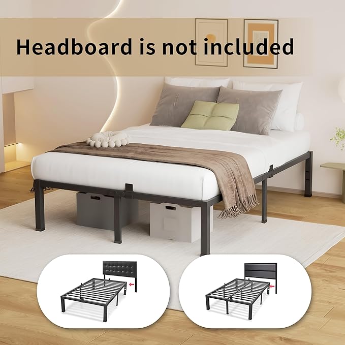 MAF 18 Inch Full Size Bed Frame No Box Spring Needed, Full Bed Frame Metal Heavy Duty Metal Platform Bed Frames Black Steel Slats Support Under-Bed Storage Space