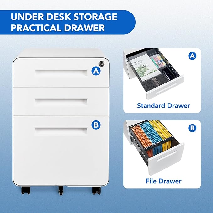 FLEXISPOT Mobile File Cabinet for Home Office 3 Drawer File Cabinet Under Desk Storage Filing Cabinet for Legal/Letter/A4 File,Round Corner Design,White