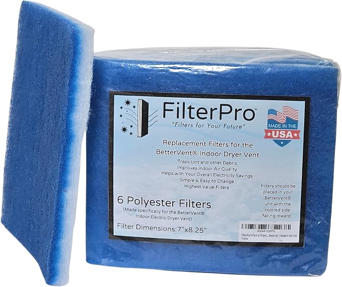 6-Pack of Polyester Filters for BetterVent Indoor Dryer Vent | Clean Laundry