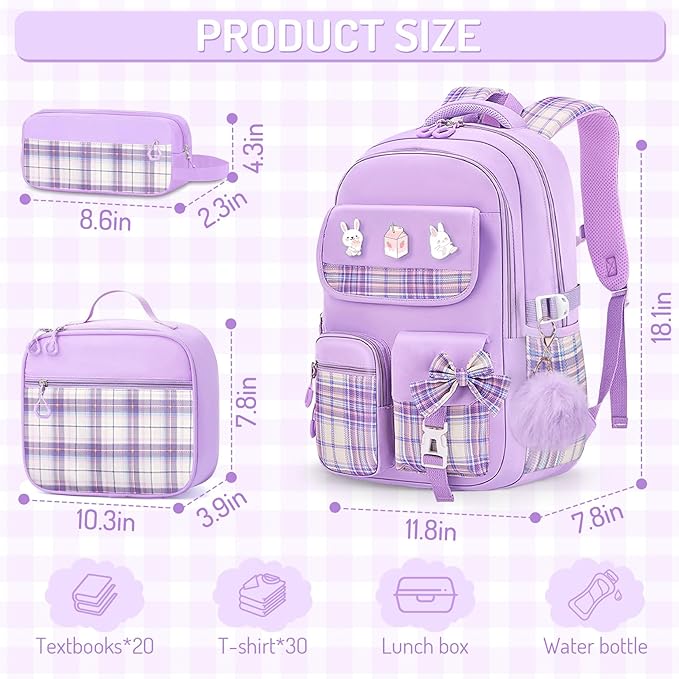 School Backpacks for Girl - 5PCS Cute Girls Backpack with Lunch Box Set for Kids Teens Elementary Middle School,18" Large Capacity Bookbag with Multiple Pockets,Perfect for Travel and School