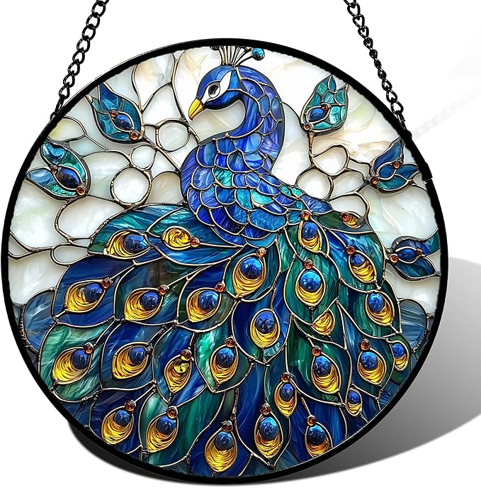Stained Glass Window Hanging - Peacock Blue Gold Feathers Sun Catcher for Door Garden Home Decor Bird Suncatcher Christmas Mother's Day Birthday Gifts for Women Men Mom Nana 7.8 in