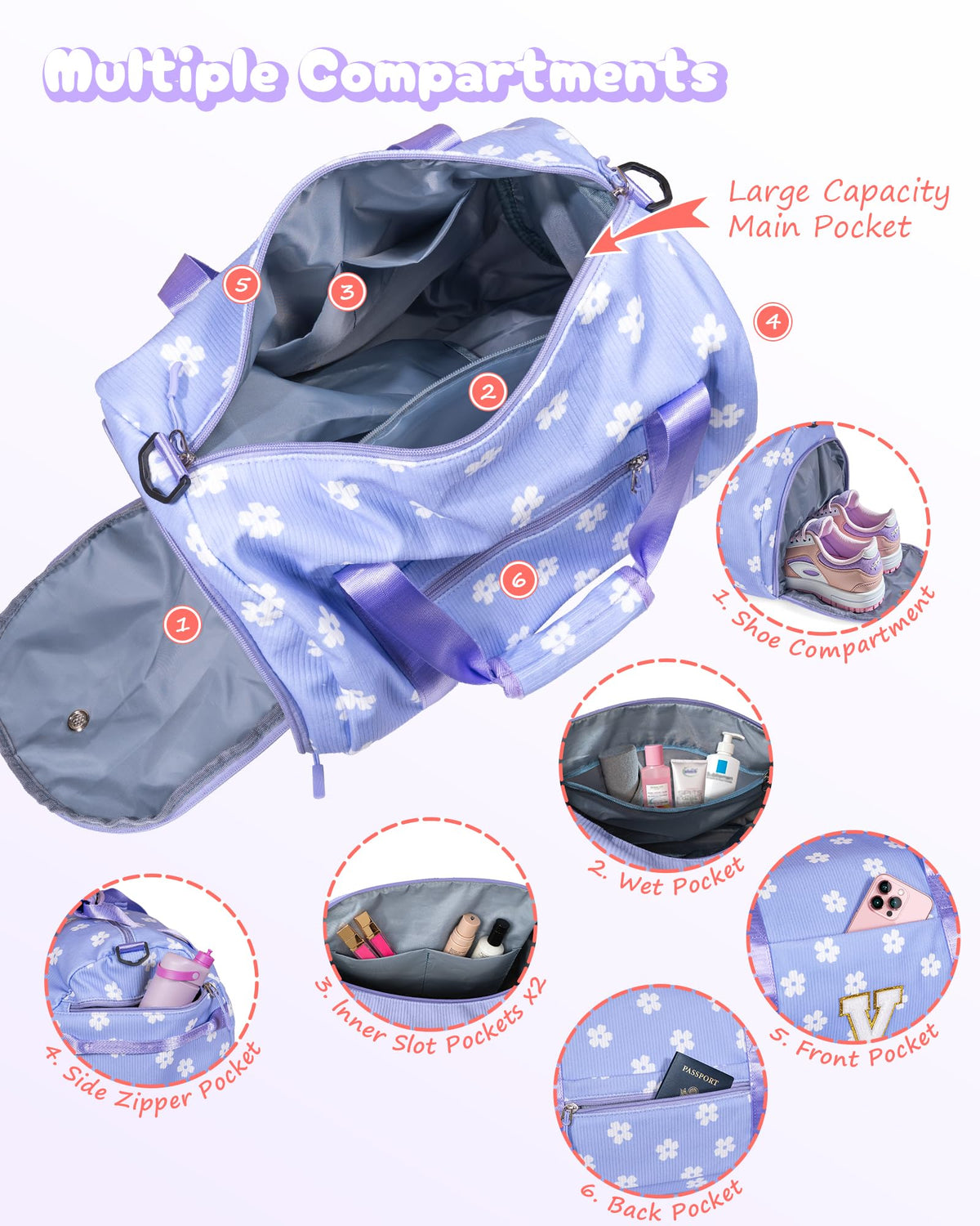 Vogewood Daughter Gift from Mom, Girls Gym Bag, Kids Personalized Dance Bags with Shoe Compartment, Customized Travel Duffle with Toiletry Bag, Perfect for Sleepovers or Trips (Letter C)