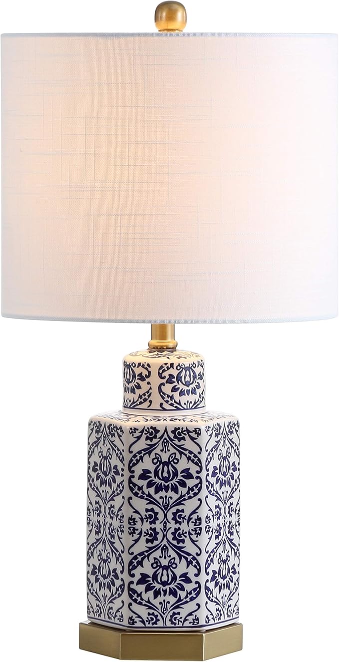 JONATHAN Y 23.5" Blue/White Traditional Ginger Jar Ceramic LED Table Lamp, Hexagonal Damask Pattern with White Linen Shade and Brass Accents, LED Bulb Included JYL3050A