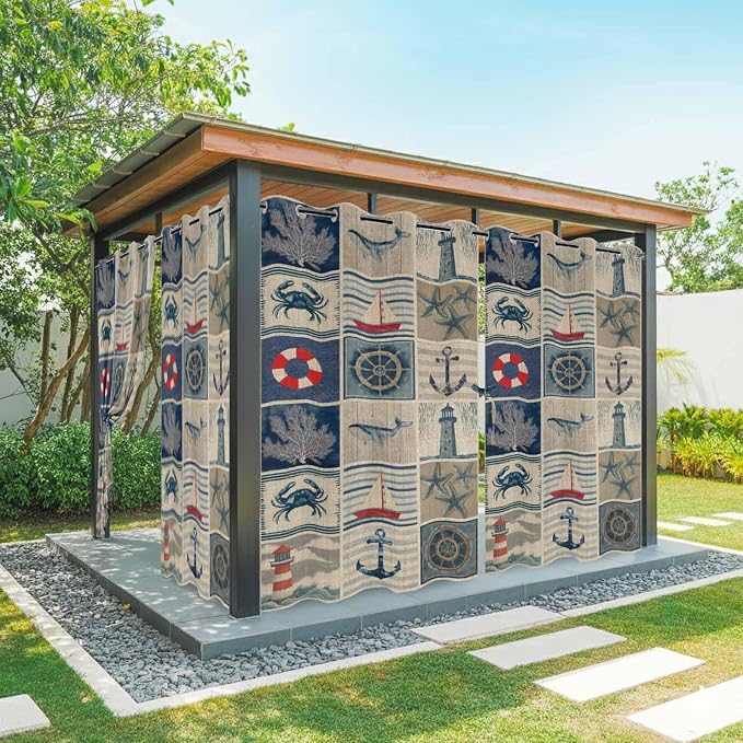 Oceans Outdoor Curtains for Patio Shell Starfish Whales Summer Vintage